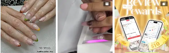 Colorful gel manicures with intricate nail art designs.