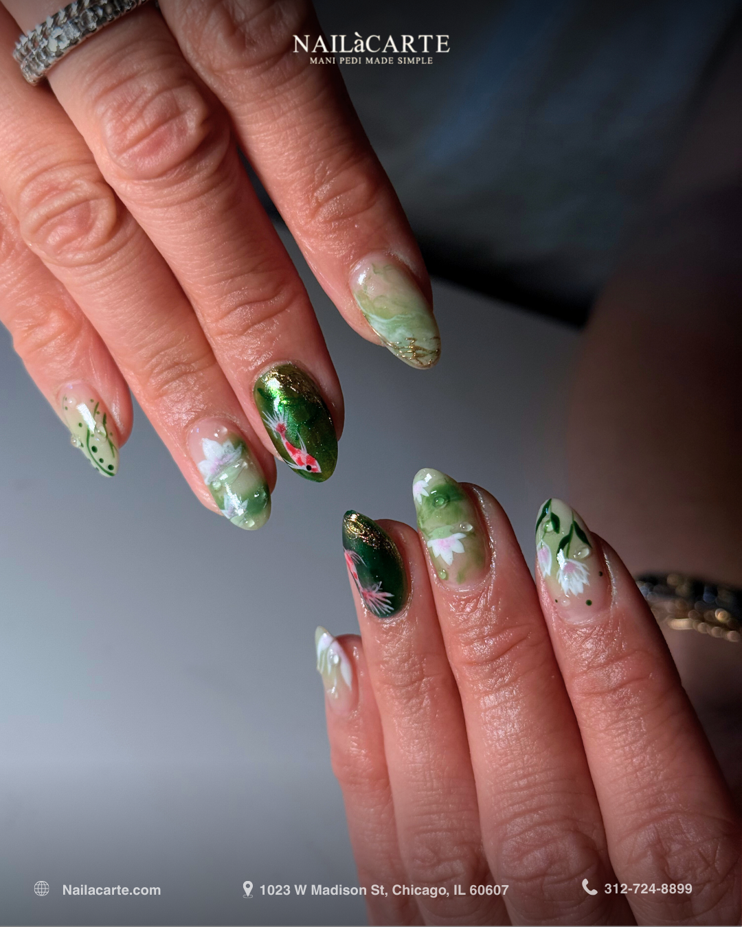 Luxury custom nail art with green marble design at NailàCarte Chicago