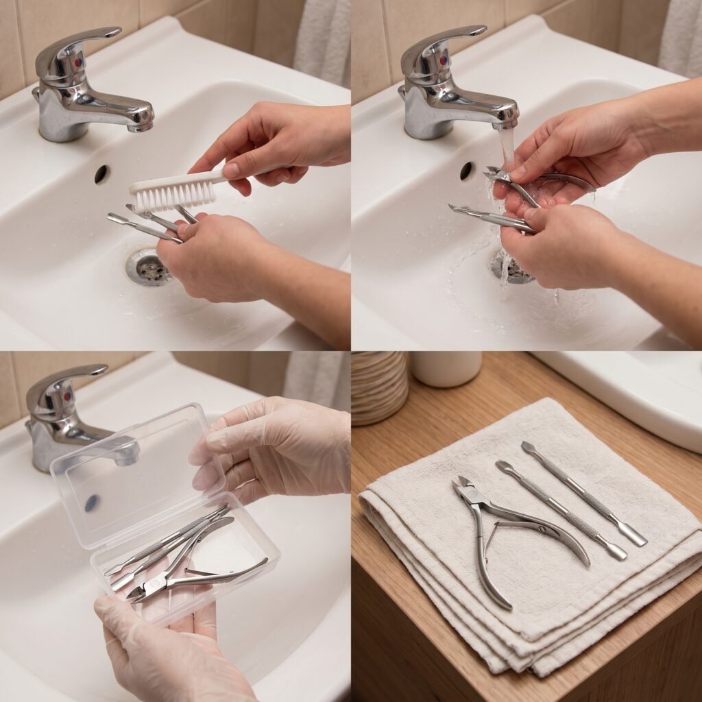 A strict cleaning and sanitation routine for professional nail tools inside an executive nail kit
