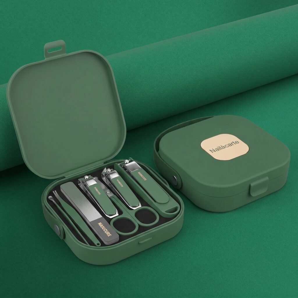 An executive green manicure set open with a steel nail file and grooming tools