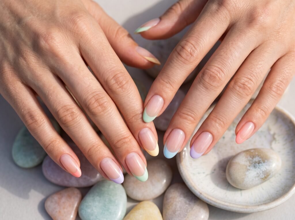 Pastel french tip nails colors featuring soft seasonal shades for a fresh manicure