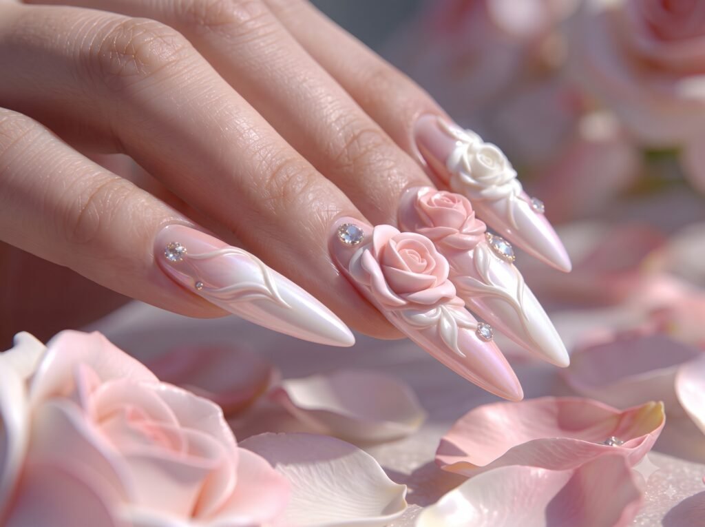 Elegant rose nails featuring luxurious 3D rose flower nail designs