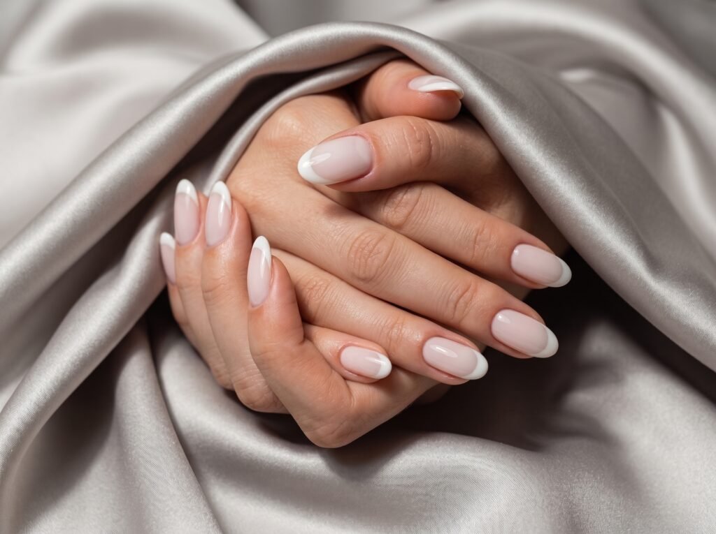 Milky white french tip nails colors on almond nails with a clean and elegant finish