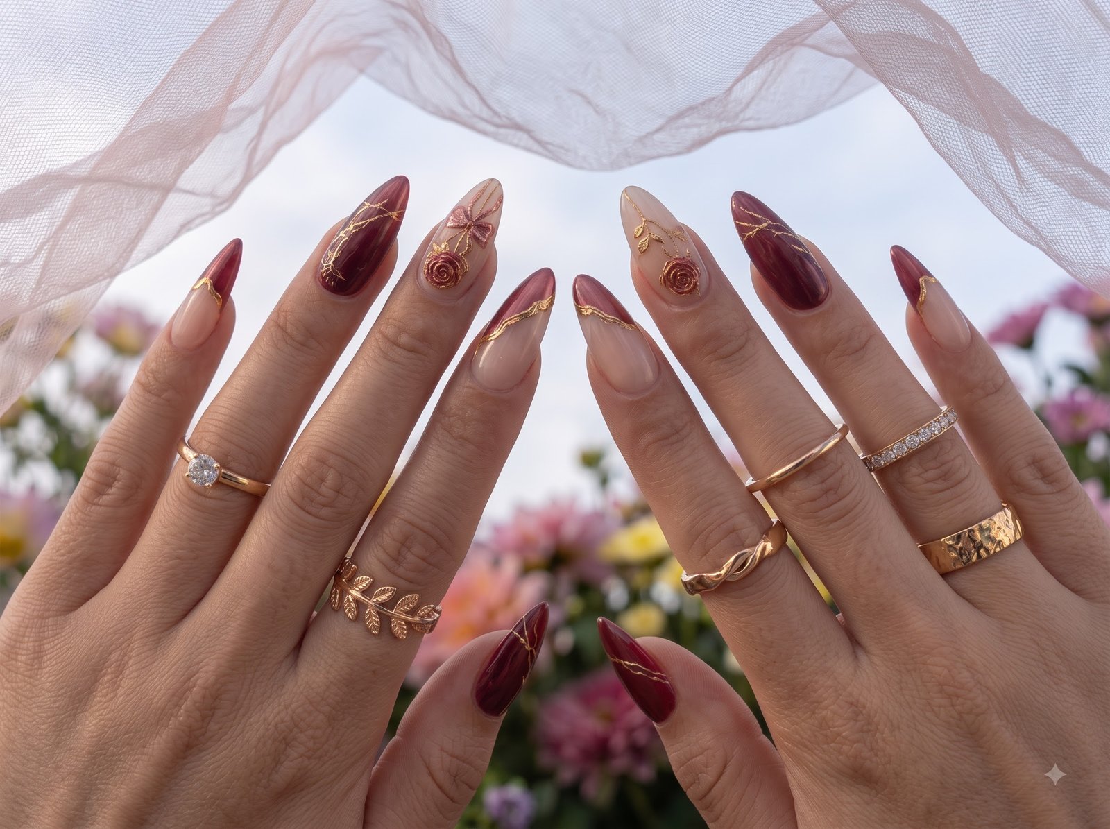 Elegant rose nails for weddings and special events in 2026 with floral designs