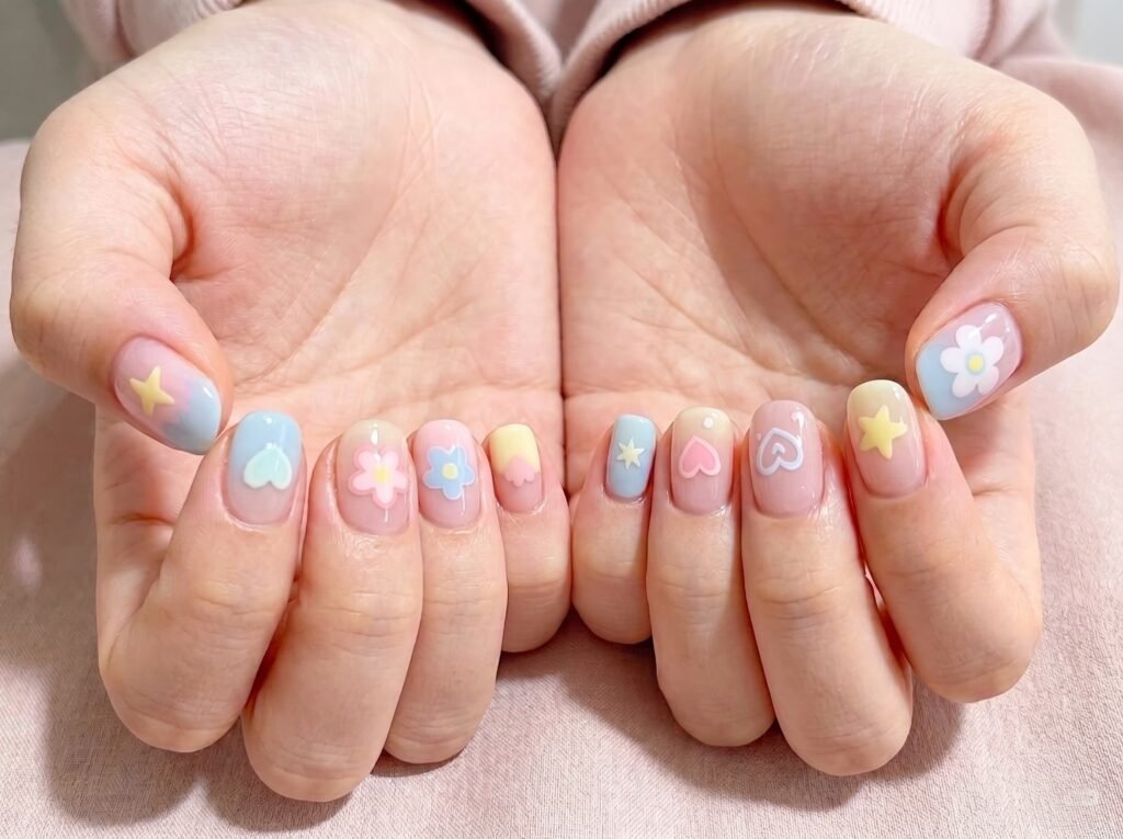 cute nails designs with pastel pink lavender blue and yellow nail colors