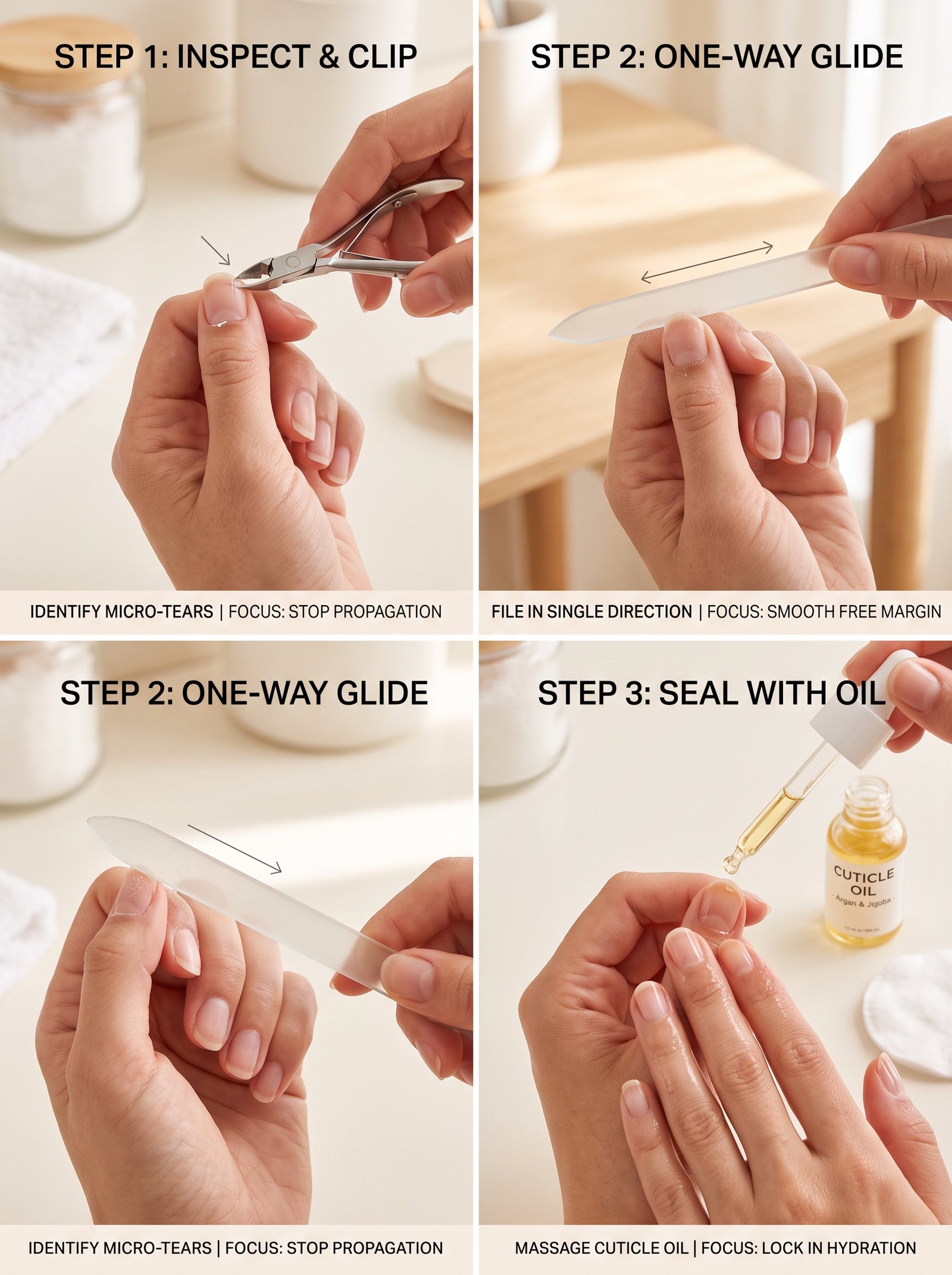 A step-by-step edge recovery guide using a glass nail file and cuticle oil