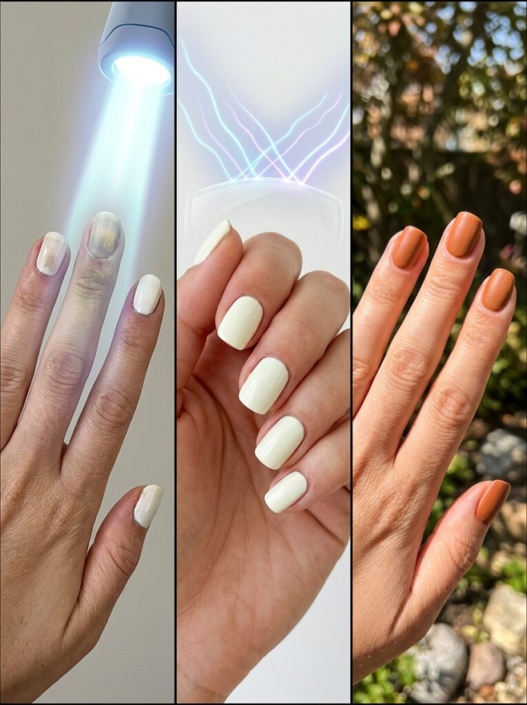 A visual comparison of nail polish yellowing under UV light versus protected summer nail colors