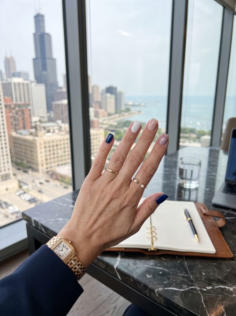 An executive hand showing chic manicure palettes with non-yellowing summer nail colors