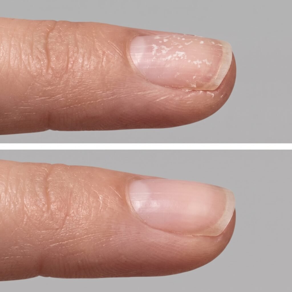 A deep clinical view of a damaged keratin matrix before and after a structural nail reformation treatment