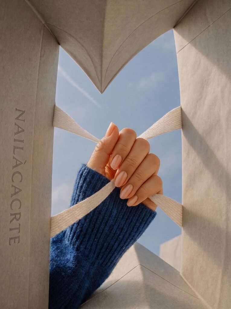 A minimalist travel clean nude manicure providing elegant business trip nail inspo