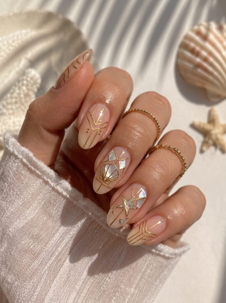 A detailed view of a long-lasting protective top coat over geometric summer nail ideas