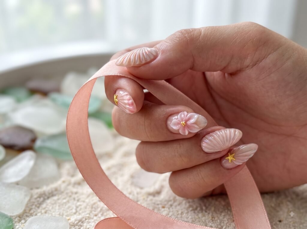 unique nails designs with 3D pearls bows and sculptural details