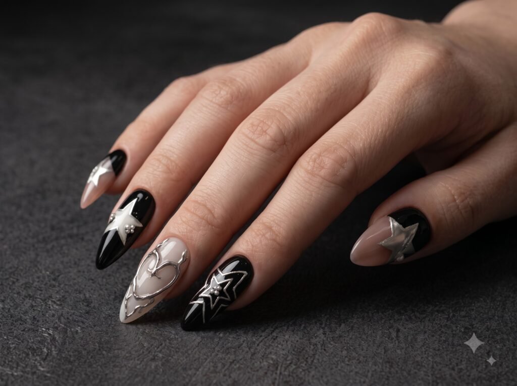 worldstar nails with metallic gold and silver star details