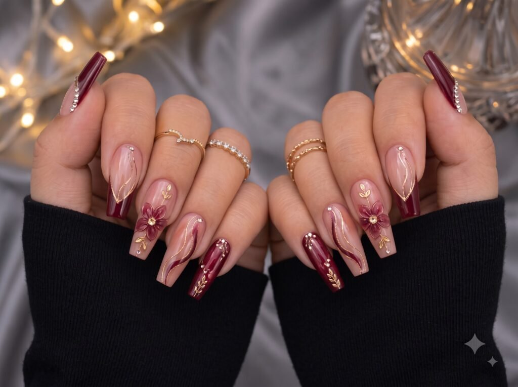 flamant nails designs with burgundy French tips and subtle chrome accents