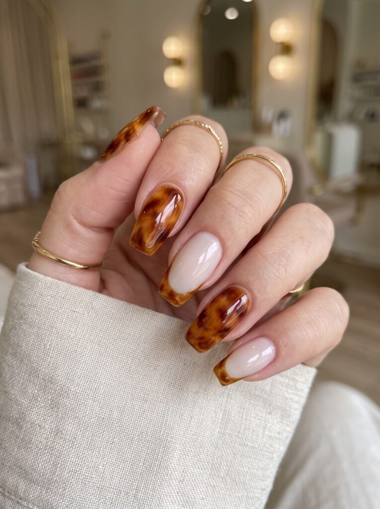 Customized amber tortoiseshell accent nail art highlighting chic nail art gold coast.