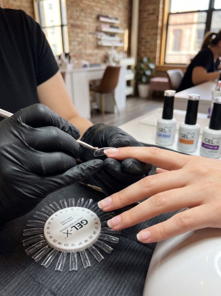 Custom fitted soft gel tip sizing showcasing gel-x nails west loop at NailàCarte.