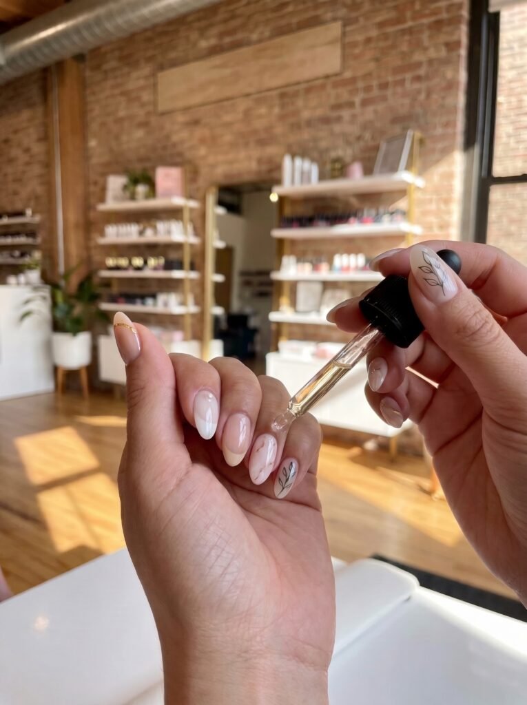 Daily cuticle oil application to preserve custom nail art west loop finish at home.