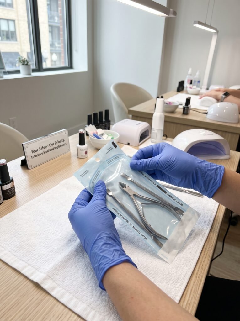 Medical-grade autoclave sterilized implements used for gel-x nails west loop at NailàCarte.