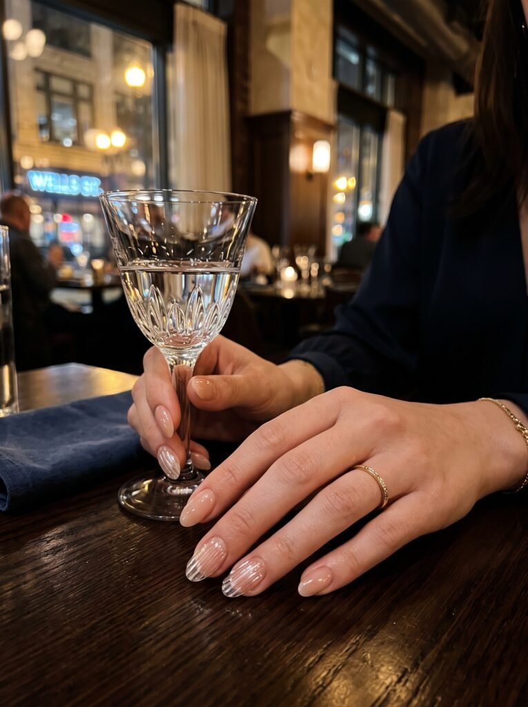 Translucent nude BIAB with clear 3D glass ribs showcasing classy nail designs River North at NailàCarte.