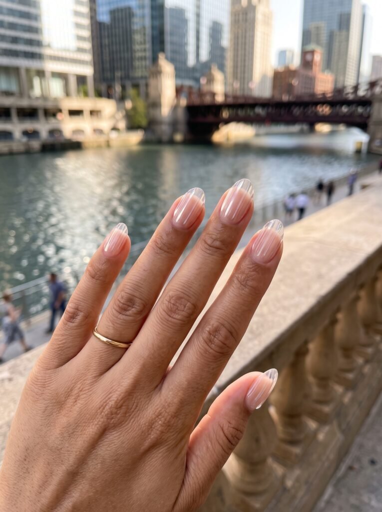 Sheer nude BIAB with clear 3D glass ribs featuring september nail colors streeterville at NailàCarte.