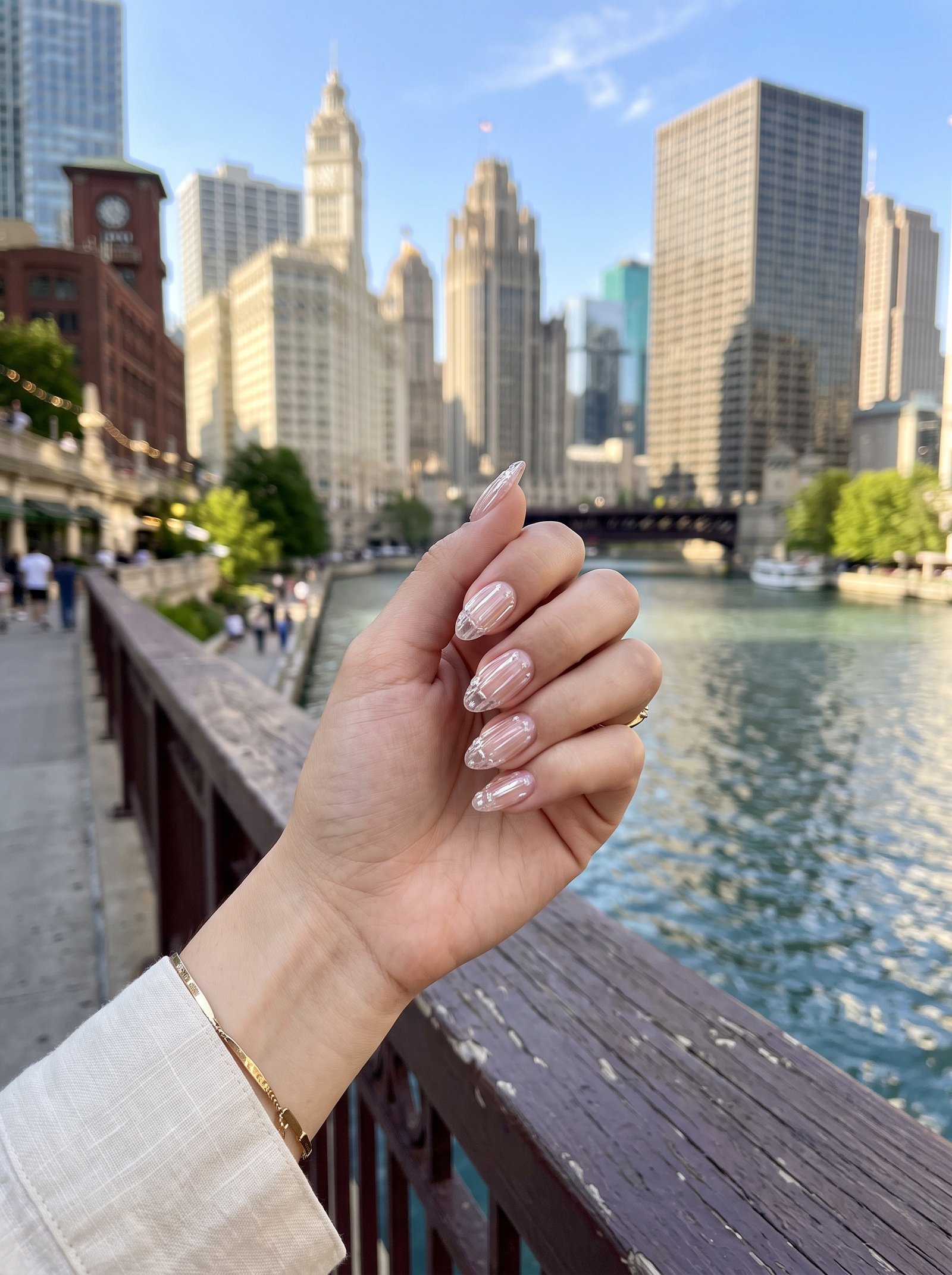 Sheer nude BIAB with clear 3D glass ribs displaying good fall nail colors streeterville at NailàCarte.