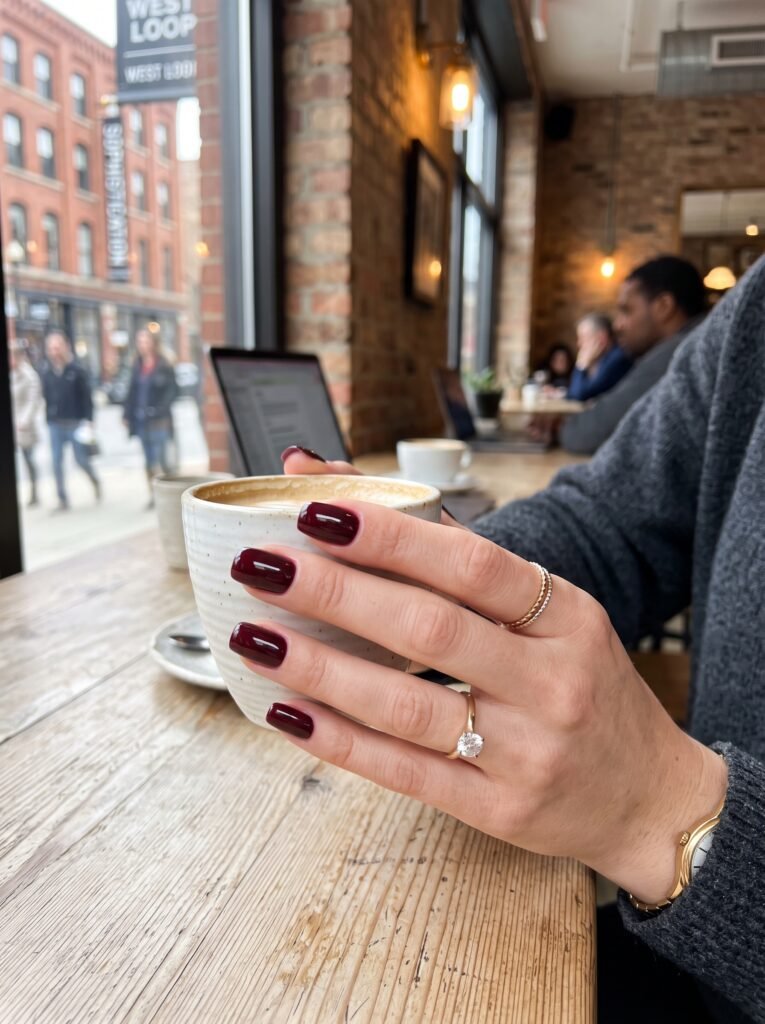 High-shine bordeaux BIAB overlay showcasing timeless burgundy fall nails West Loop at NailàCarte.