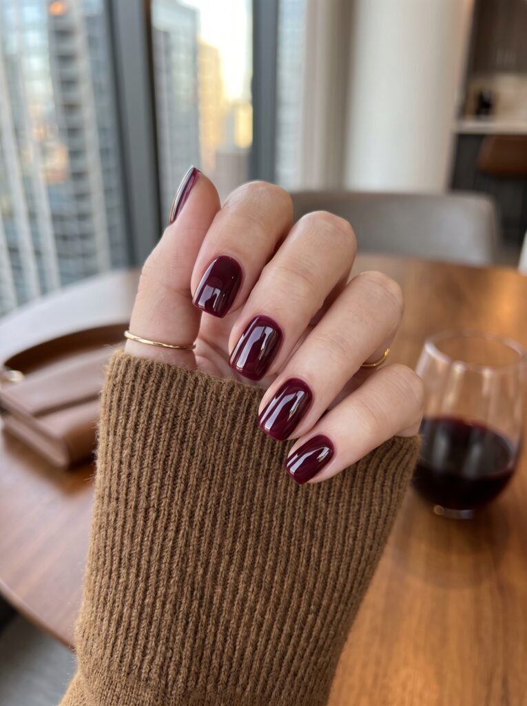 Rich burgundy and deep wine BIAB overlay featuring timeless classy fall nails River North at NailàCarte.