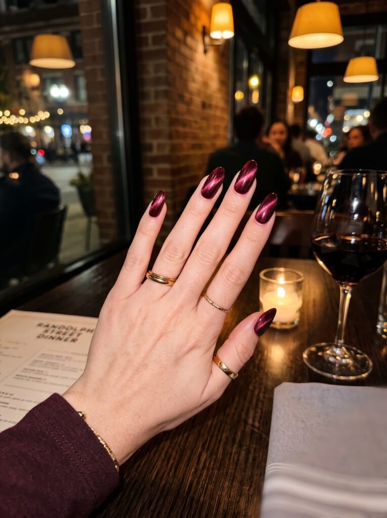 Velvet magnetic wine-red cat-eye gel manicure highlighting dynamic burgundy fall nails West Loop.