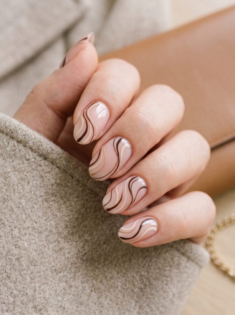 Dark cacao and mocha fluid swirl nail art highlighting classy nail designs River North at NailàCarte.