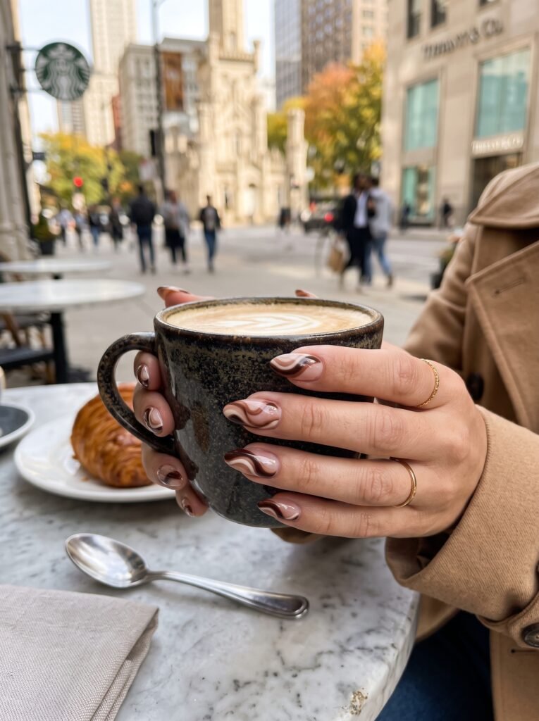 Dark cacao and mocha fluid swirl lines on blush canvas for september nail colors streeterville.