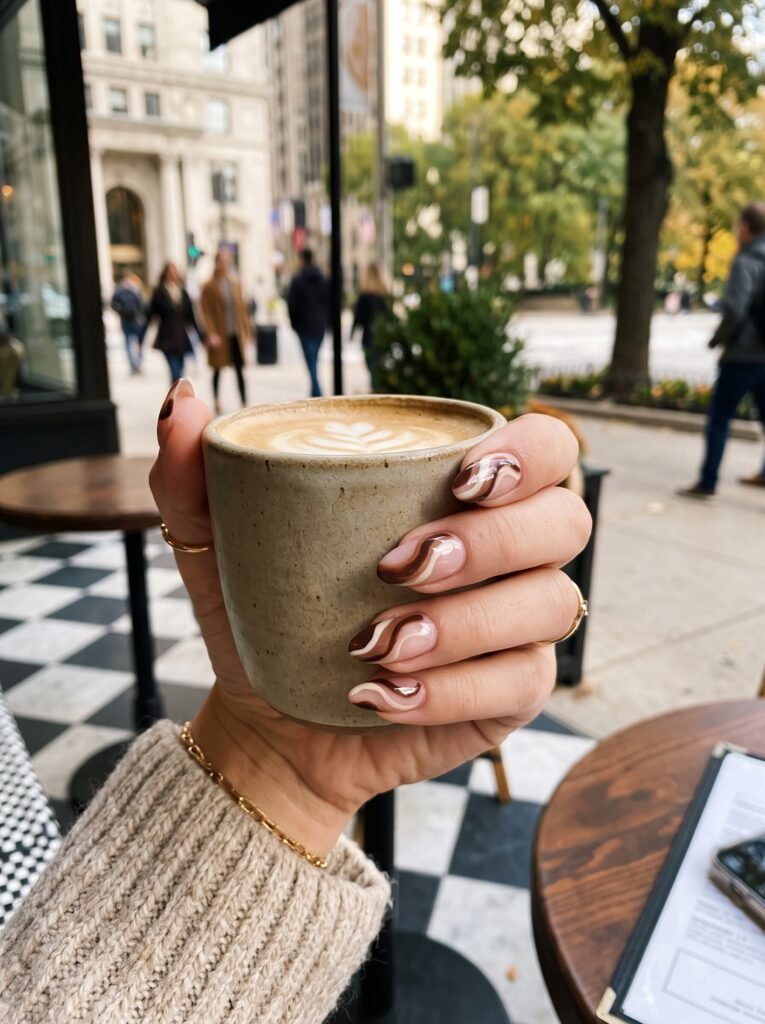 Dark cacao and mocha fluid swirl lines on blush canvas for good fall nail colors streeterville at NailàCarte.