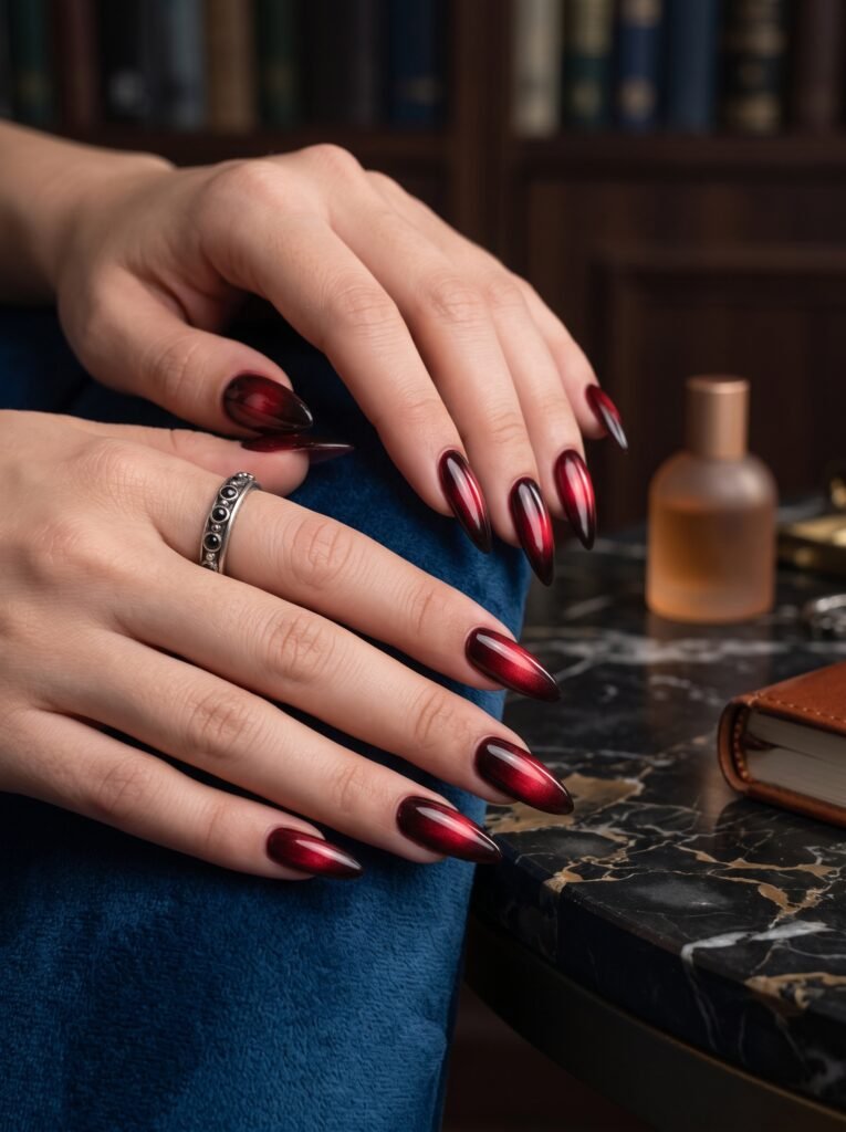 Velvet magnetic cat-eye gel manicure featuring bespoke nail art gold coast.