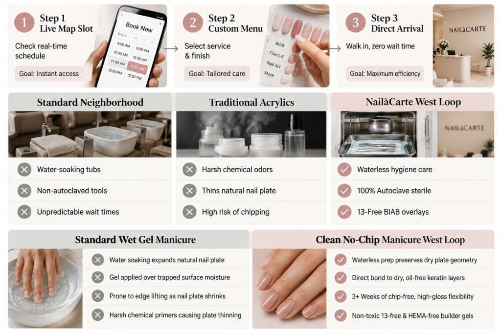 Waterless nail preparation ensuring maximum adhesion for a no-chip manicure west loop at NailàCarte.