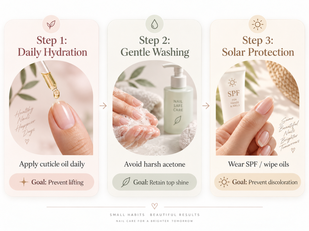 Daily cuticle oil application to preserve trendy nail designs River North at home.