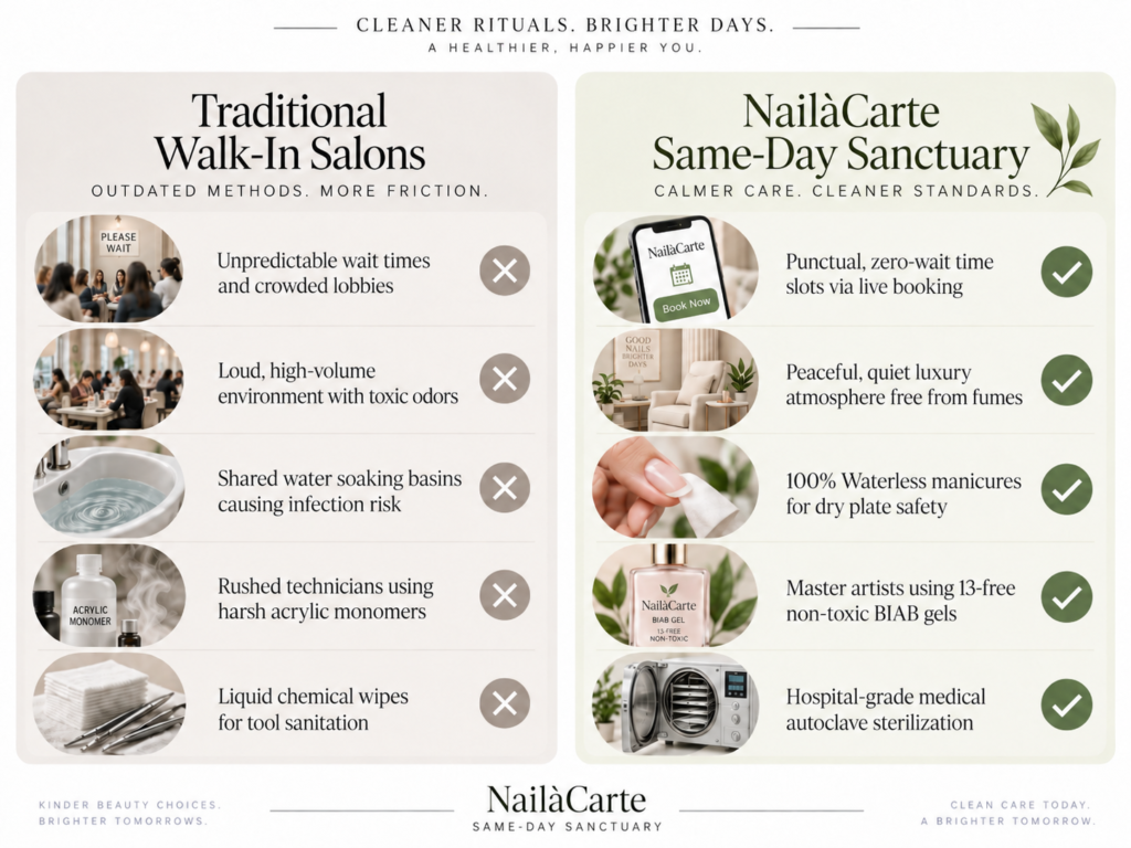 Waterless nail preparation ensuring dry plate safety at NailàCarte walk in nail salon wicker park alternative.