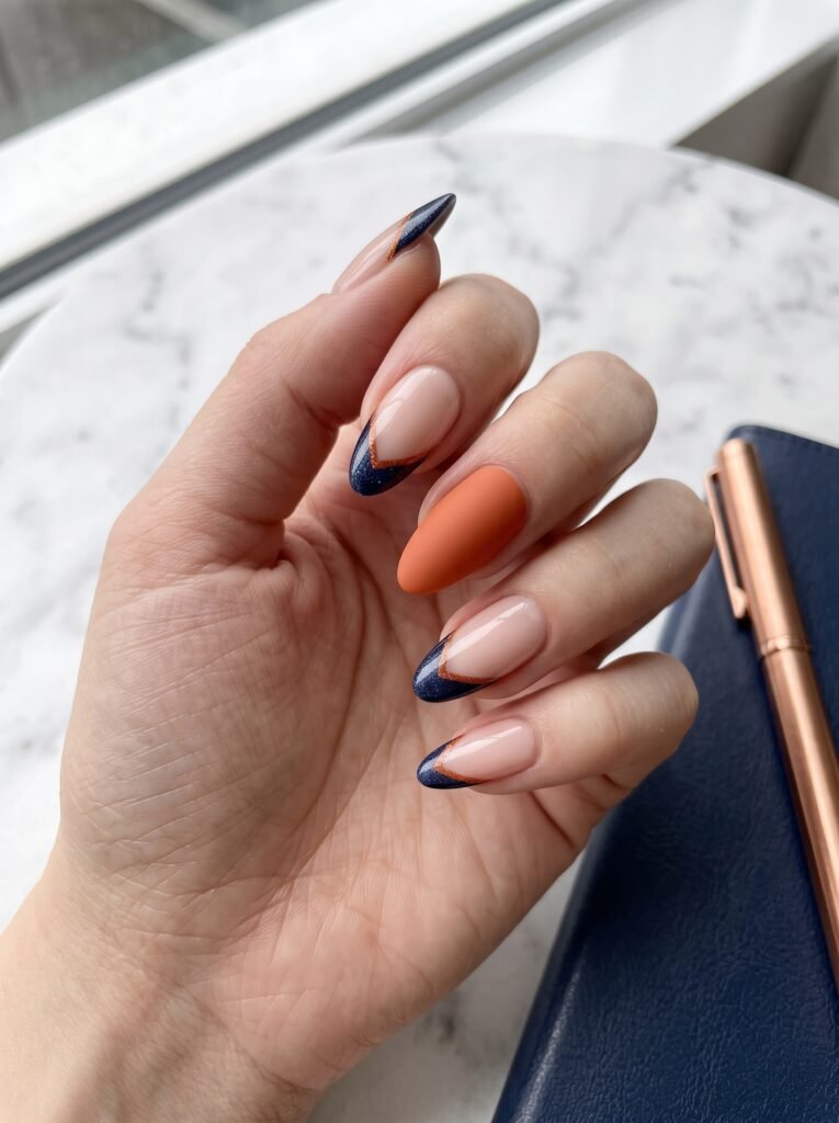 Navy and burnt orange micro-French tips featuring chic Chicago Bears nail designs at NailàCarte.