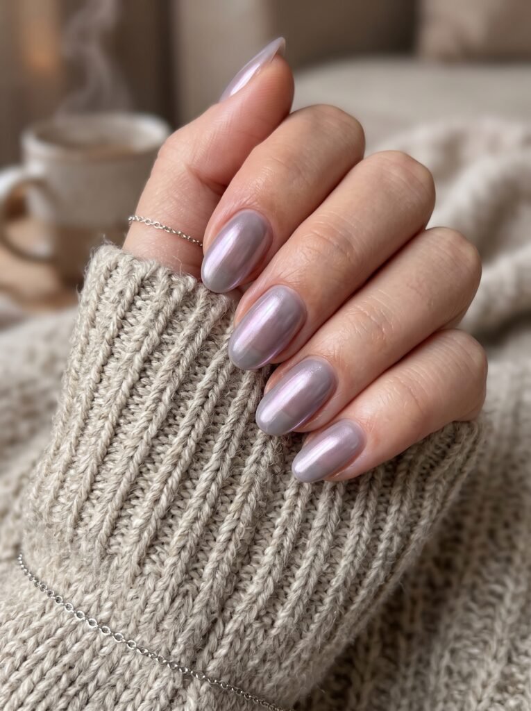 Sheer ghost rose chrome pearl finish highlighting subtle fall nail designs 2026 at NailàCarte.