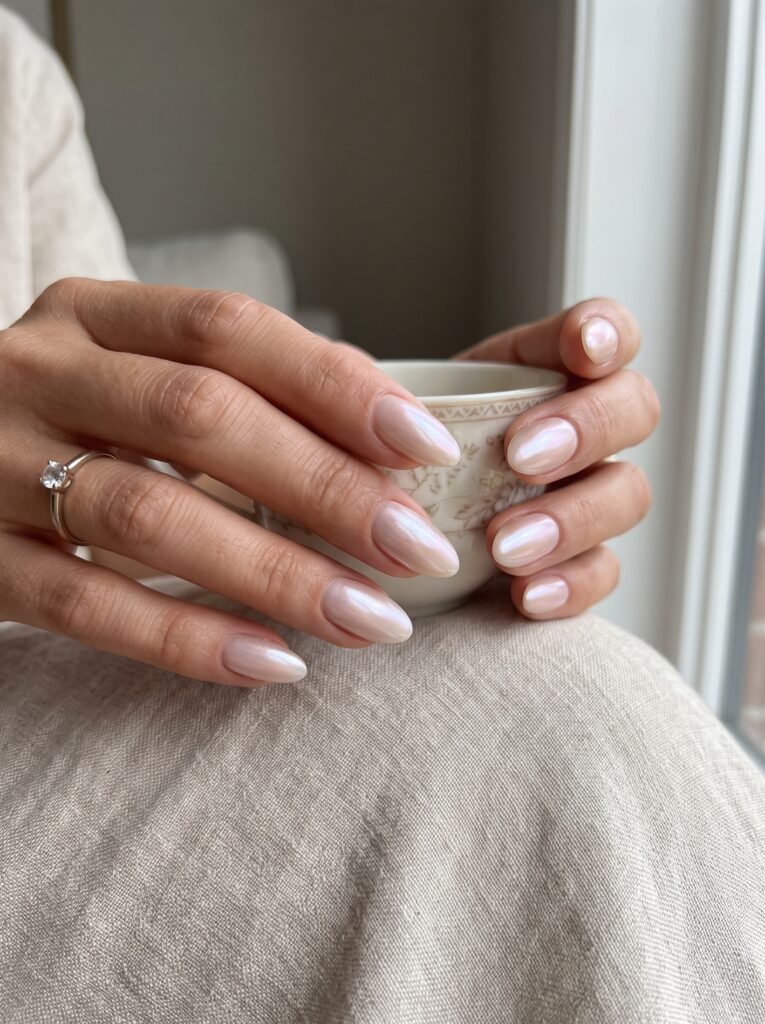 Sheer chrome pearl glaze manicure showcasing custom nail art gold coast at NailàCarte.