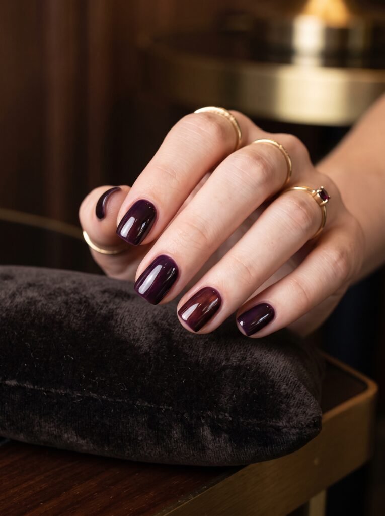 High-shine dark plum and cherry cola gel glaze manicure showcasing burgundy fall nails Gold Coast at NailàCarte.