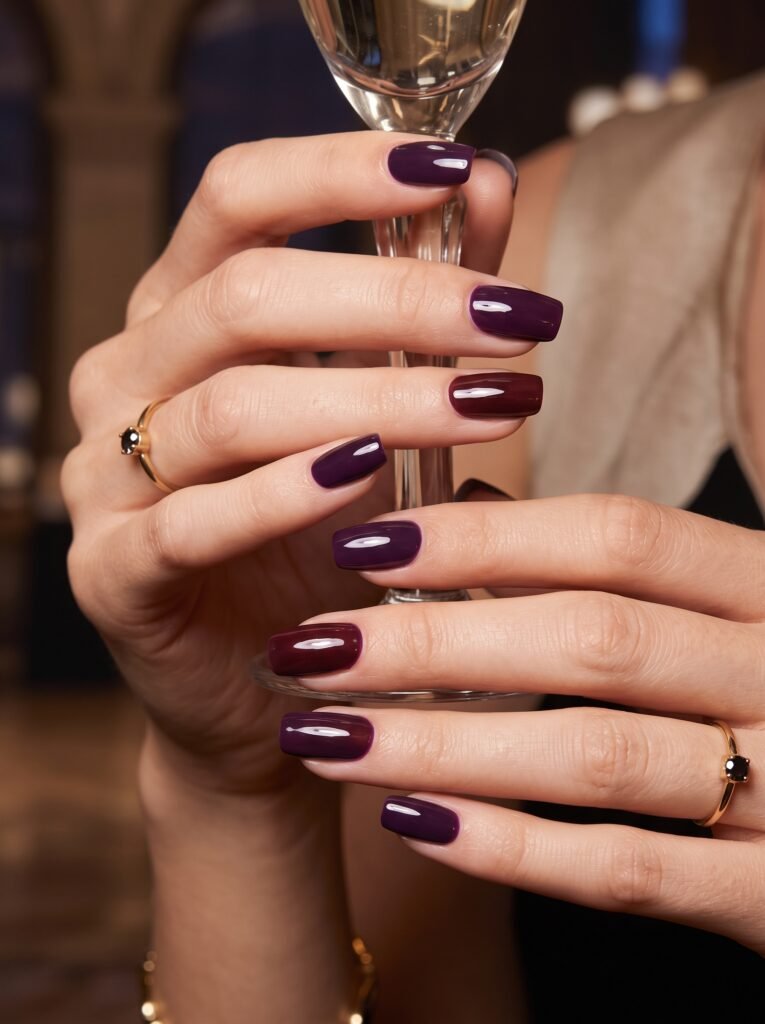 High-shine dark plum and cherry cola gel glaze manicure showcasing september nail colors streeterville at NailàCarte.