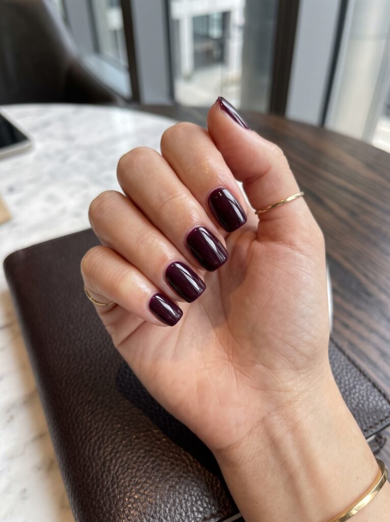 High-gloss dark plum and cherry cola manicure featuring classy nail designs River North at NailàCarte.