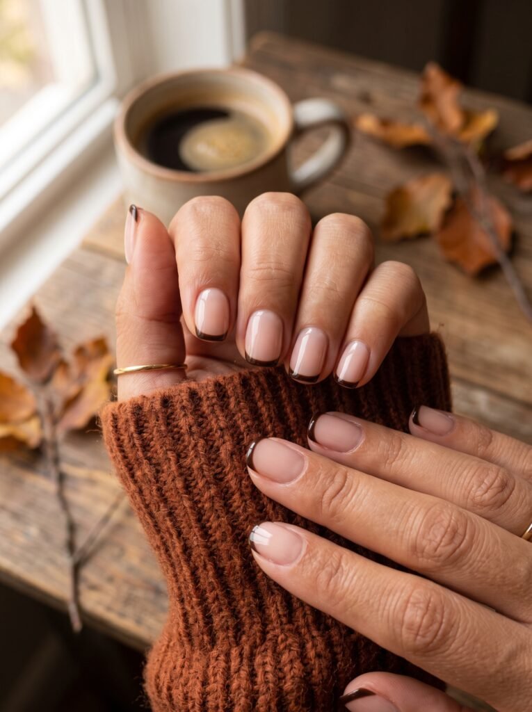 Dark roast espresso micro-French tips featuring minimalist chic fall nail designs Wicker Park at NailàCarte.