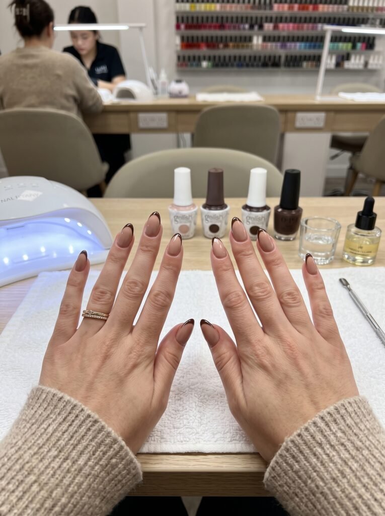 Minimalist deep espresso micro-French tip showcasing elegant nail colors for fall 2026.