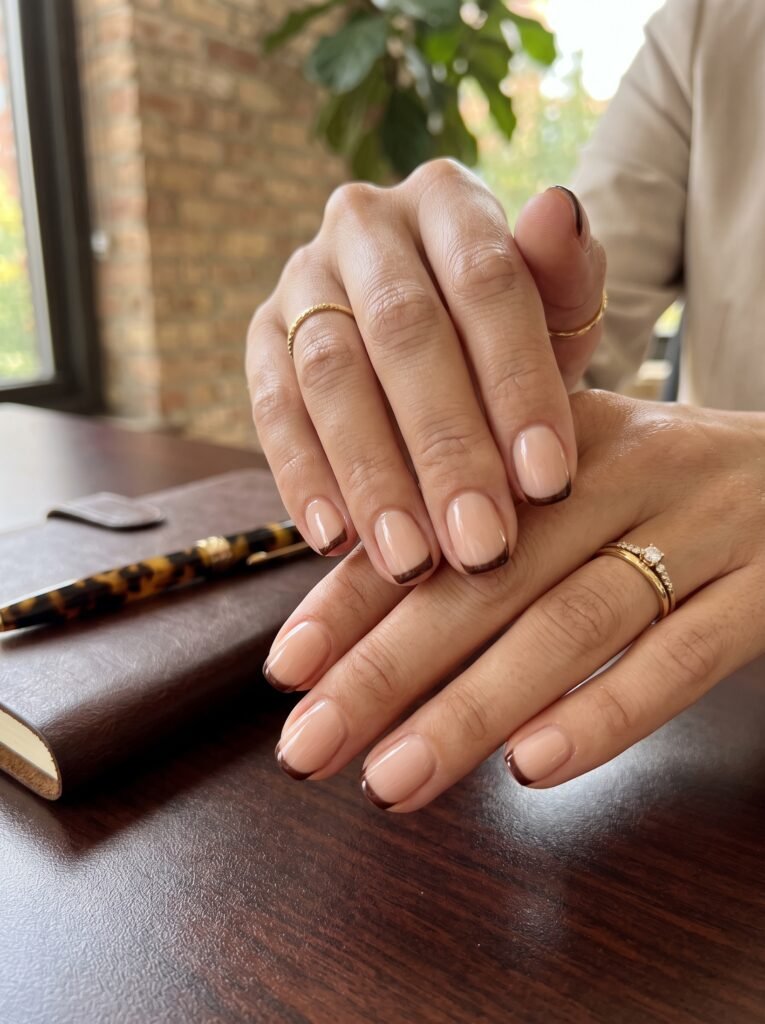 Dark roast espresso micro-French tips showcasing desk-to-dinner september nail ideas river north at NailàCarte.