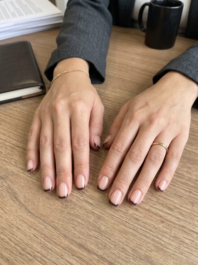 Deep espresso micro-French tips showcasing classy fall nails River North at NailàCarte.