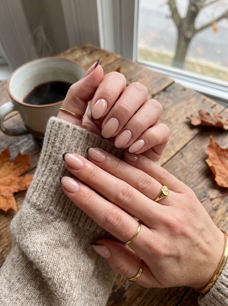 Ultra-thin dark espresso micro-French tips showcasing minimalist nail fall colors at NailàCarte.