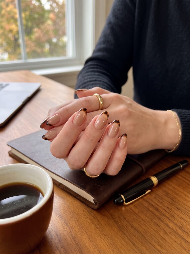 Espresso tortoiseshell micro-French tips featuring elevated september nail ideas Wicker Park at NailàCarte.