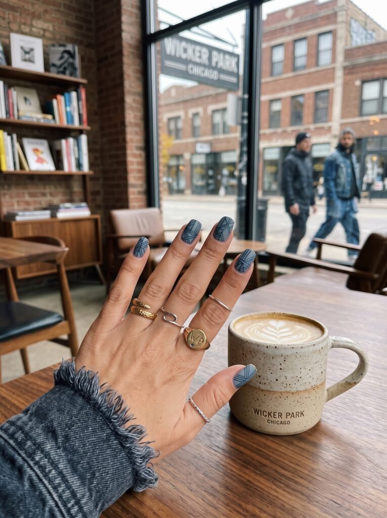 Slate grey canvas with denim blue micro-lines showcasing minimalist fall nail art Wicker Park.
