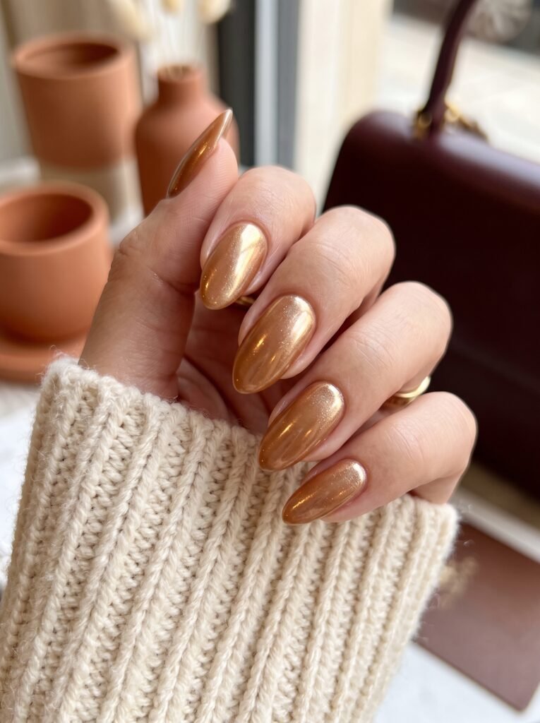 Glazed spiced caramel chrome finish creating luminous warm fall nail colors west loop.