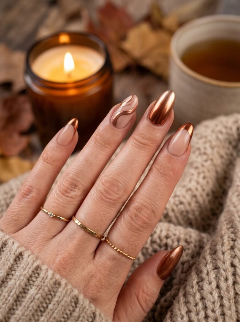 Glazed spiced amber chrome finish highlighting warm glowing nail colors for fall 2026.